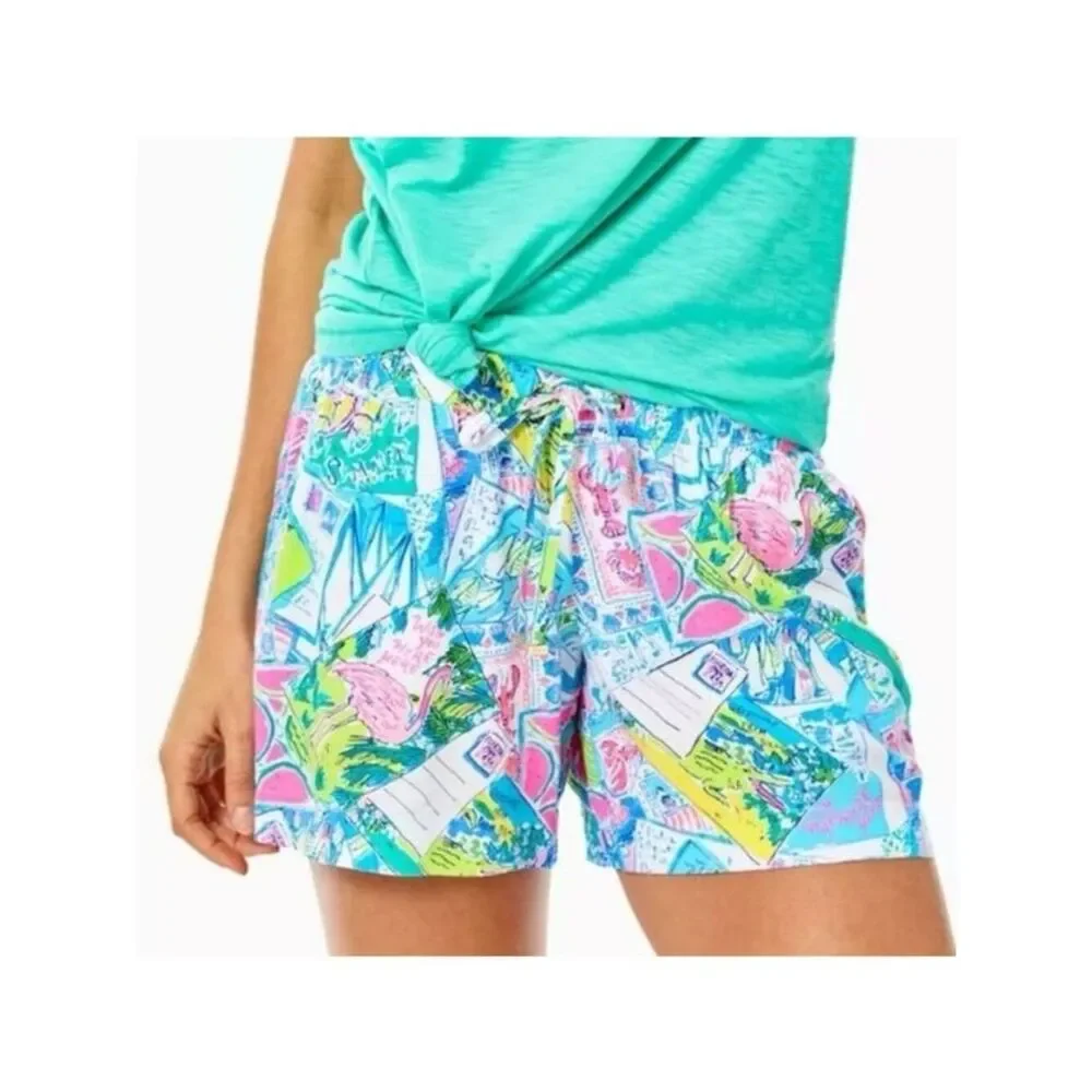 Lilly Pulitzer Callahan Stretch Shorts 10 Wish You Were Here 5” Travel Postcard - Picture 2 of 12